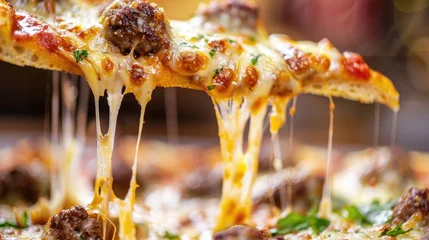 Selbstklebende Fototapeten A tantalizing pizza slice being lifted, showcasing melted cheese stretching from the meatball topping, amidst a vibrant pizzeria background , 3D illustration , 3D illustration © Pungu x