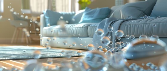 Animated depiction of a bubble barrier installing around furniture, deterring dust mites , 3D illustration , 3D illustration - obrazy, fototapety, plakaty