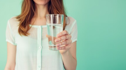 The young lady is holding a glass filled with clear water.