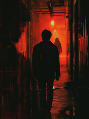 Silhouette Walking man, his back to the camera in a middle of old stone walls, medieval Old City, Dramatic lights 