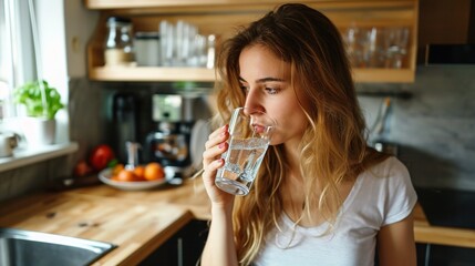 lovely young lady drinking water from a glass - obrazy, fototapety, plakaty