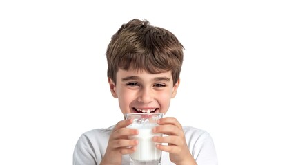 Child drinking milk while holding a glass of milk on white background