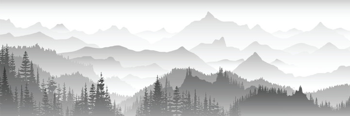 Black and white mountain landscape, panoramic view, vector illustration	 - obrazy, fototapety, plakaty