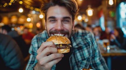 Happy man enjoying a burger and having a good time 