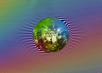 Party disco mirror ball reflecting colrful lights with abstradt background