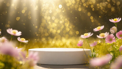 Gilded Glamour: Pink 3D Spring Table Beauty Stand on Golden Light Background