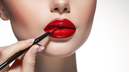 Woman applying lipstick, make up artist applying lip gloss, beauty routine