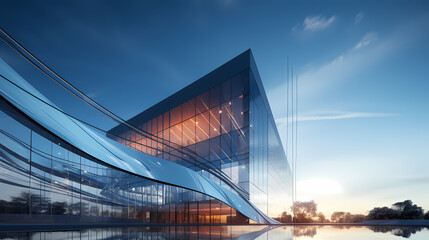 Obraz premium 3D rendering of glass office building, futuristic architecture