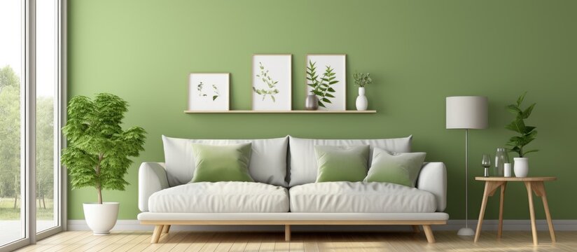 An inviting living room with green walls, a white couch, and wooden furniture. The rectangular table complements the interior design of the house