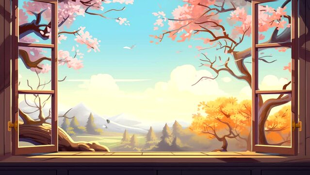 Leaves falling outside the window in spring. seamless looping 4k time-lapse animation video background