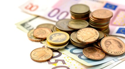 Euro Currency Collection: Coins and Banknotes on white