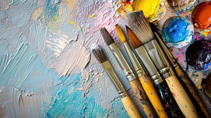 Fototapeta premium Artist canvas coated in oil paints and paintbrushes