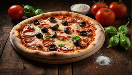 pizza with salami and tomatoes