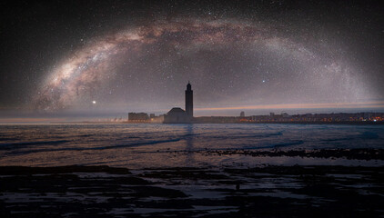 Great Hassan II mosque with Milky Way galaxy at dusk - Casablanca, Morocco - obrazy, fototapety, plakaty
