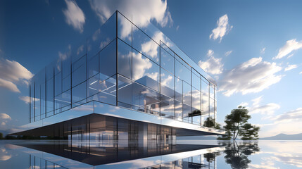 3D rendering of glass office building, futuristic architecture