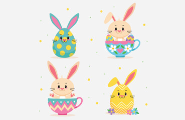 Easter holiday, which is depicted with a vector illustration of rabbits and eggs that have been painted with cute motifs