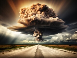 a mushroom cloud over a road