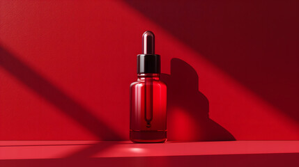 Naklejka premium Elegant Red Glass Dropper Bottle on a Pink Background for Cosmetic Use