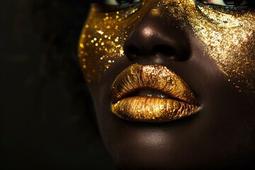 a woman with gold paint on her face and lips