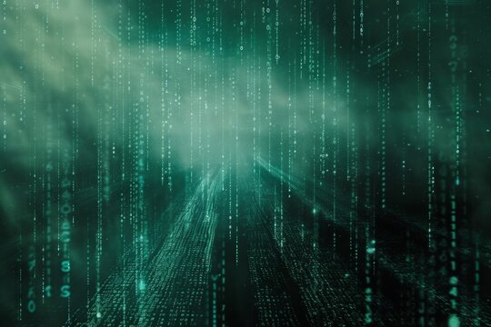 This photo showcases a vibrant green and black background with a multitude of numbers arranged in various patterns, A futuristic scene with binary rain, similar to the Matrix movie, AI Generated