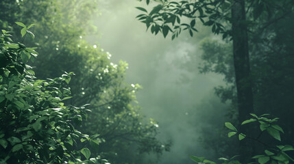 Fototapeta premium Enchanted Forest Scene with Misty Sunlight Filtering Through Trees