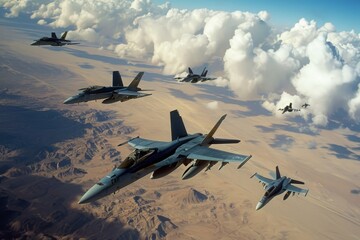 A squadron of fighter jets maneuvers through the clouds as they soar through the sky, A formation of fighter aircraft performing aerial maneuvers, AI Generated - obrazy, fototapety, plakaty
