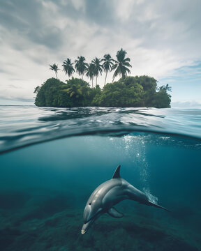 Serene Underwater Scene with a Dolphin near a Tropical Island