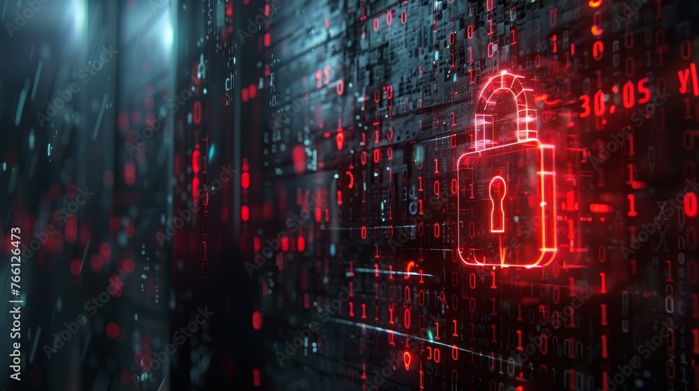 Poster abstract digital security concept with red glowing padlock icon on dark binary code background