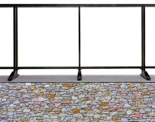 Rambarde vitrée sur mur de pierres  - obrazy, fototapety, plakaty