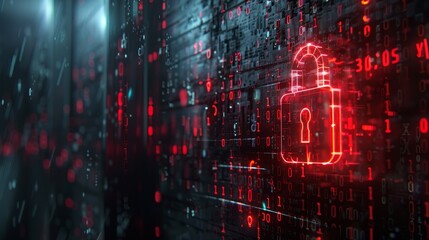 Abstract digital security concept with red glowing padlock icon on dark binary code background - obrazy, fototapety, plakaty