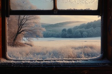 A window reveals a snowy field, showcasing the winter landscape and creating a peaceful ambiance, A frosty countryside viewed from a train window, AI Generated