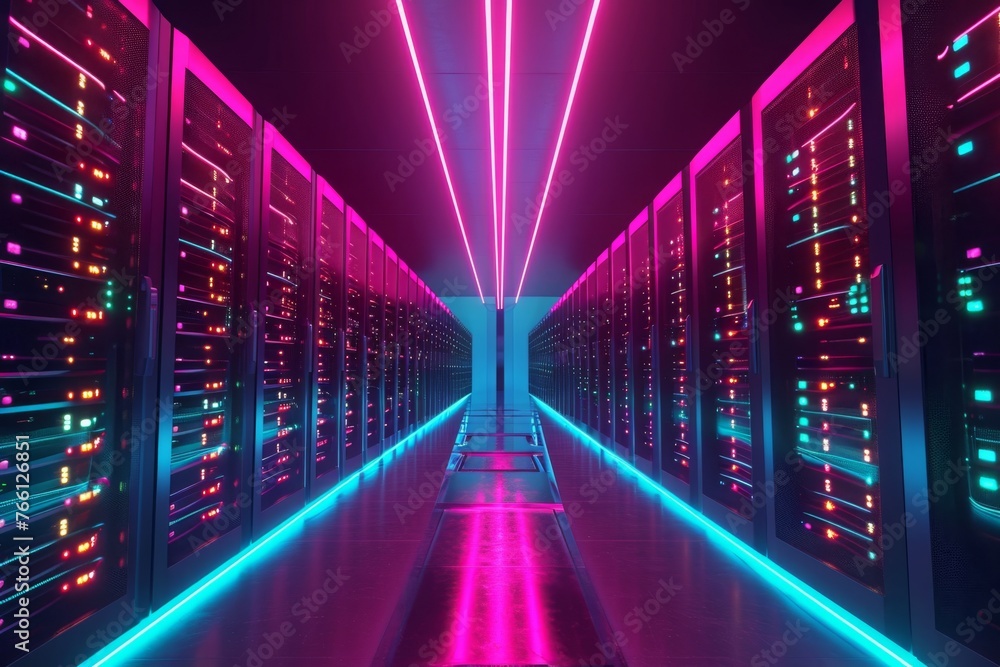 Poster a photo of a long hallway in a data center, filled with rows of servers, a futuristic data center wi