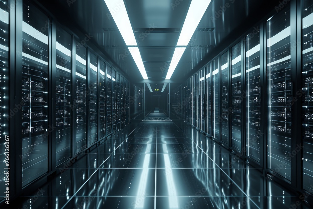 Poster a long hallway showcasing rows of servers neatly arranged and connected to support data storage and 
