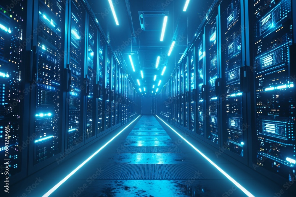Poster rows of servers in a large data center, a futuristic data center with endless rows of nas devices, a