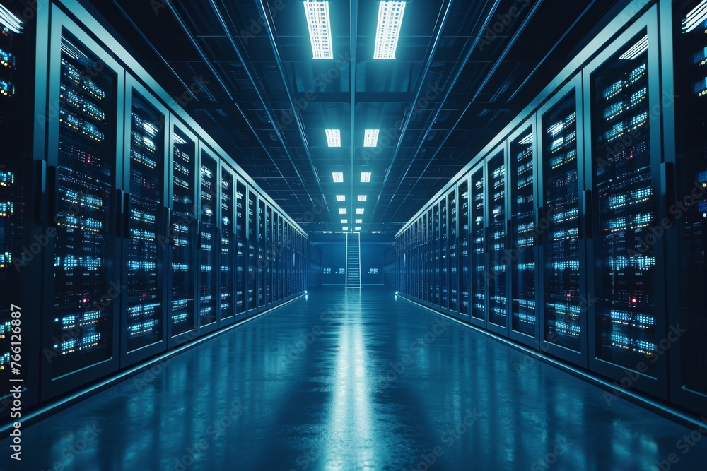 Poster a photo of neatly aligned and organized rows of servers in a data center, a futuristic data center w