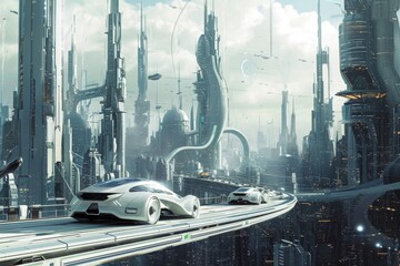 Futuristic City With a Futuristic Car in the Foreground, A futuristic city centered around electric...
