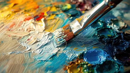 Obraz premium Oil painting on palette with artist brush blended colors. 