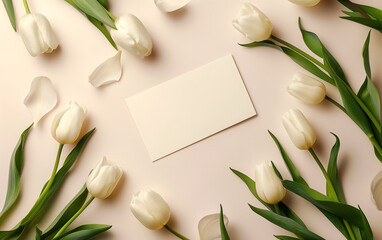 Elegant White Tulips and Blank Greeting Card on Pastel Background