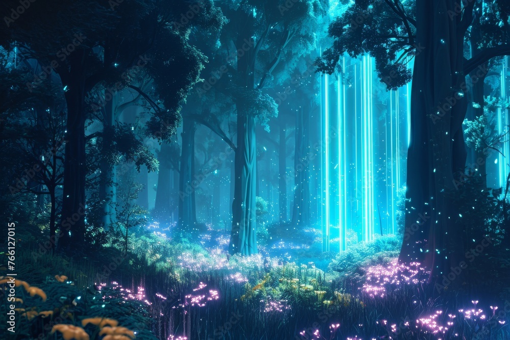 Poster a vibrant forest teeming with numerous trees and an array of vibrant flowers spread throughout the l