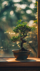 Serene Bonsai Tree Bathed in Natural Sunlight on Wooden Table