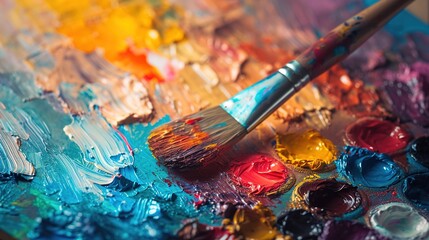 Fototapeta premium Artist's essentials: vibrant paints, a variety of brushes, and a mixing palette ready for creativity
