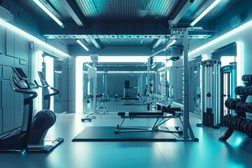 Fototapeta na wymiar Many gym-goers can be seen exercising on numerous machines and treadmills in a bustling gym setting, A futuristic gym with robotic workout equipment, AI Generated