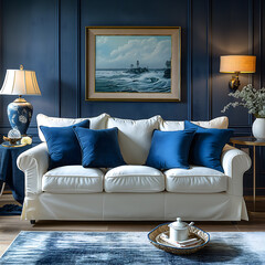Elegant Living Room Interior with Classic Blue Walls and Modern Comfort