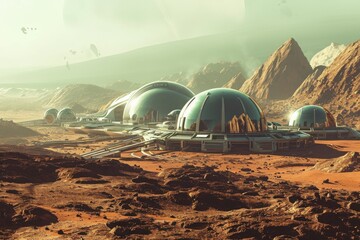 A photo capturing the sight of a group of domes situated on the arid desert landscape, A futuristic Martian colony, AI Generated - obrazy, fototapety, plakaty