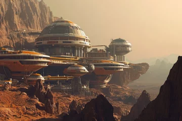 Fotobehang A modern city built on a rugged mountainside, showcasing sleek architecture and advanced infrastructure, A futuristic Martian colony, AI Generated © Ifti Digital