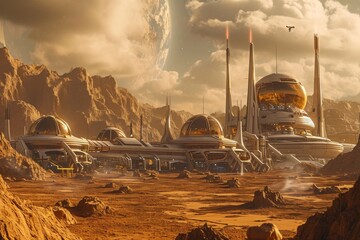 Fototapeta premium A photo capturing an imaginative and futuristic scene filled with advanced technology and space exploration, A futuristic Martian colony, AI Generated