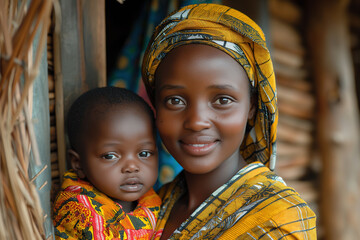 African mother holding her baby in arms with love and care, mom and son or daughter closeup portrait, happy cheerful tender moment, Generative Ai