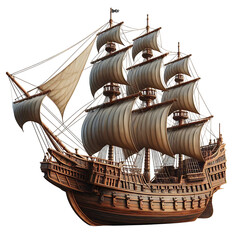 Fototapeta premium Realistic Sailing old pirate ship made with wood isolated on transparent or white background PNG Clipart Illustration Printable