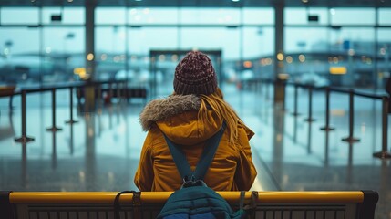 Lone Traveler Missed Flight, Sitting Sadly on Airport Departure Area Bench