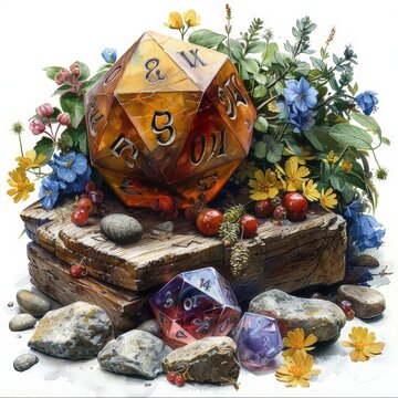Ritual of the Elements: D20 Dice, Wooden Staff, and Elemental Gem